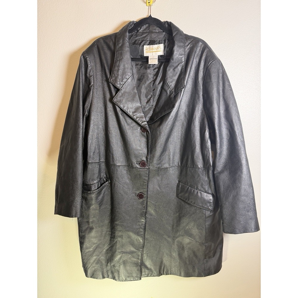 Roamans 100% Leather Coat Womens B6 16/18 Black Button‎ Front  Mid Length Jacket